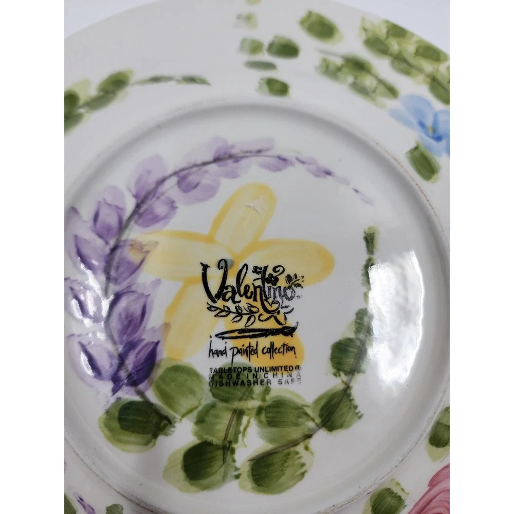 Tabletops Unlimited Valentino Hand Painted Floral Ceramic Plate Pink Rose Yellow